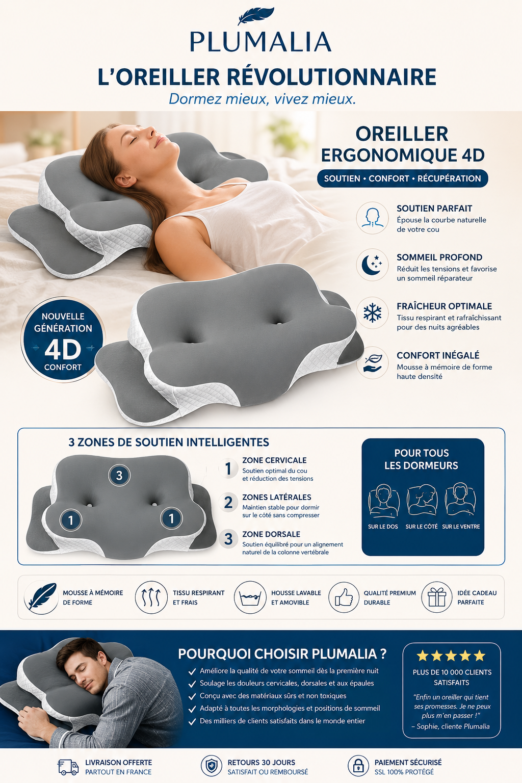 Plumalia — Oreiller Ergonomique 4D à Mémoire de Forme | Soutien Cervical & Fraîcheur Glacée