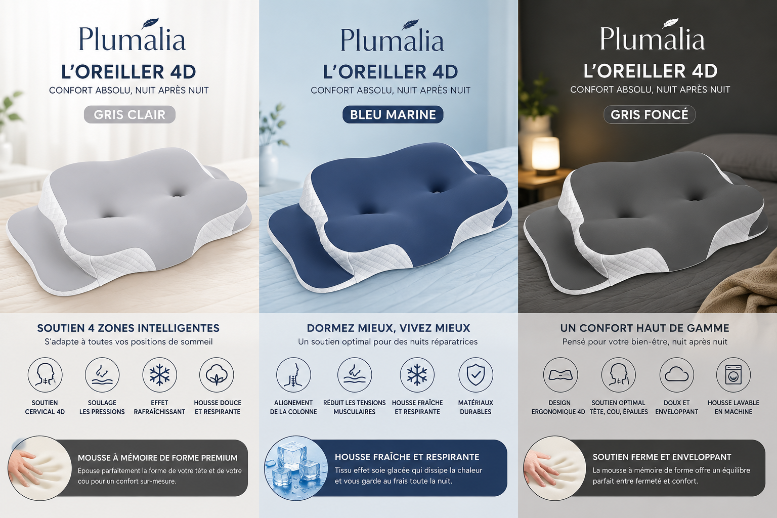 Plumalia — Oreiller Ergonomique 4D à Mémoire de Forme | Soutien Cervical & Fraîcheur Glacée